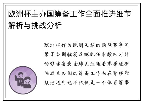 欧洲杯主办国筹备工作全面推进细节解析与挑战分析