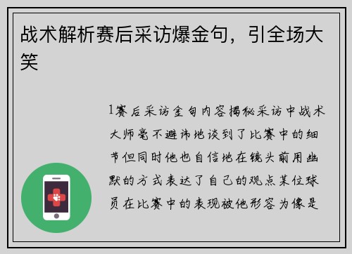 战术解析赛后采访爆金句，引全场大笑