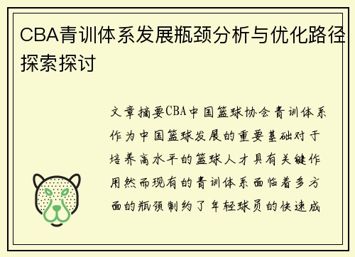CBA青训体系发展瓶颈分析与优化路径探索探讨